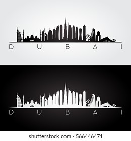 Dubai UAE skyline and landmarks silhouette, black and white design, vector illustration.