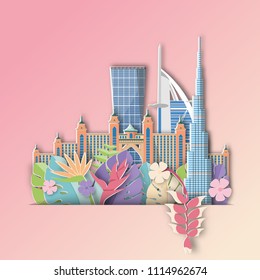 Dubai; UAE  with Tropical leaf  Summer Banner,Paper art graphic Background