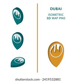 Dubai United Arab Emirates city 3D vector logo set. Isometric UAE map pin, geolocation pointer, modern skyline icon, concept, isolated graphic