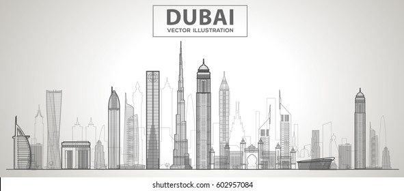 Dubai (United Arab Emirates) city skyline vector lines illustration. Flat vector illustration. Business travel and tourism concept with modern buildings. Image for banner or web site.