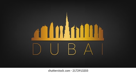 Dubai - United Arab Emirates Gold Skyline City Silhouette Vector. Golden Design Luxury Style Icon Symbols. Travel and Tourism Famous Buildings.