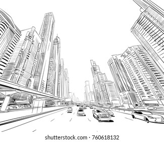 Dubai. United Arab Emirates. Hand drawn city sketch. Vector illustration.