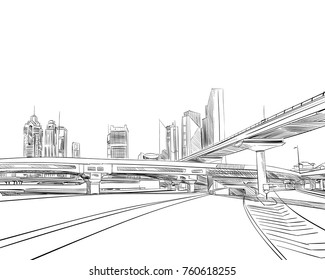 Dubai. United Arab Emirates. Hand drawn city sketch. Vector illustration.