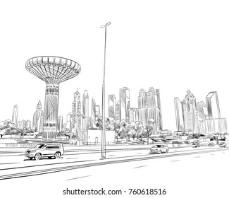Dubai. United Arab Emirates. Hand drawn city sketch. Vector illustration.