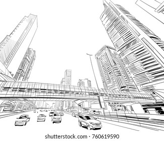 Dubai. United Arab Emirates. Hand drawn city sketch. Vector illustration.