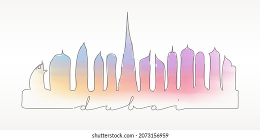 Dubai - United Arab Emirates Skyline Watercolor City Illustration. Famous Buildings Silhouette Hand Drawn Doodle Art. Vector Landmark Sketch Drawing.