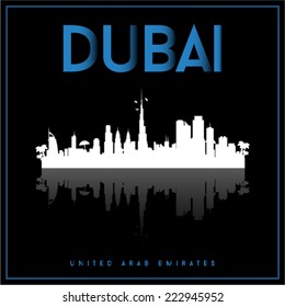 Dubai, United Arab Emirates, skyline silhouette vector design on parliament blue and black background.