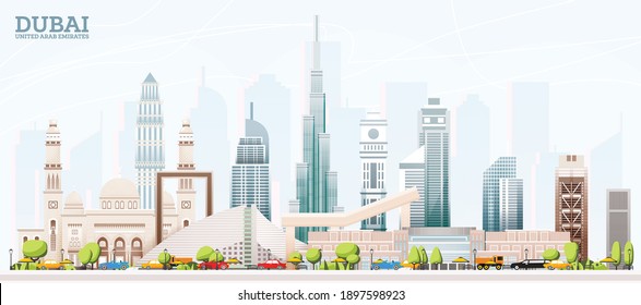 Línea de la ciudad de Dubai de los Emiratos Árabes Unidos (EAU) con edificios de colores y cielo azul. Ilustración vectorial. Concepto de viajes de negocios y turismo con arquitectura moderna. Paisaje urbano de Dubai con monumentos.