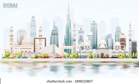 Línea de la ciudad de Dubai de los Emiratos Árabes Unidos (EAU) con edificios de colores, cielo azul y reflexiones. Ilustración vectorial. Concepto de turismo con arquitectura moderna. Paisaje urbano de Dubai con monumentos.