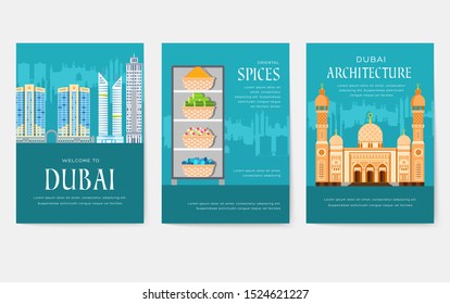 Dubai vector brochure cards set. Country template of flyer, magazines, posters, book cover, banners. Travel invitation concept  background. Layout architecture illustrations modern