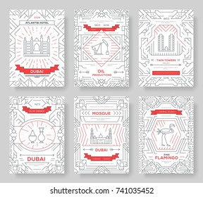 Dubai vector brochure cards thin line set. Country travel template of flyear, magazines, posters, book cover, banners. Layout culture monument outline illustrations modern pages.