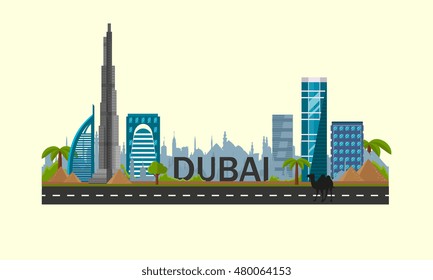 Dubai. Vector illustration, eps10. Dubai Burj Khalifa, flat. Hotel Burj al-Arab-Arabian Tower. Flat style landscape. 
