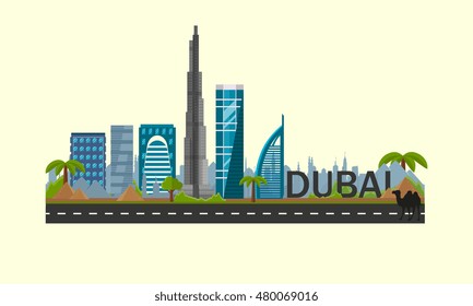 Dubai. Vector illustration isolated. Dubai Burj Khalifa, flat. Hotel Burj al-Arab-Arabian Tower. Flat style. Modern building.