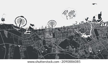 Dubai vector map. Detailed vector map of Dubai city administrative area. Cityscape poster metropolitan aria view. Black land with white streets, roads and avenues. White background.