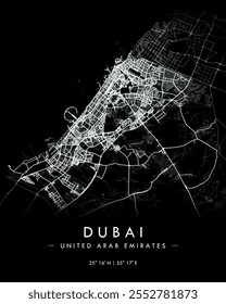 Dubai vector print map in dark theme. Detailed map of Dubai in United Arab Emirates. Best free vector illustration. Tourist decorative minimalist street map.