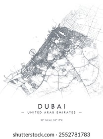 Dubai vector print map. Detailed map of Dubai in United Arab Emirates. Best free vector illustration. Tourist decorative minimalist street map.