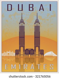 Dubai vintage poster in orange and blue background with white skyline in editable vector file