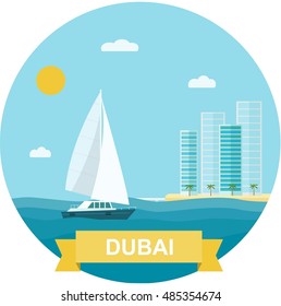 Dubai, yacht, skyscrapers, seascape. Vector flat illustration