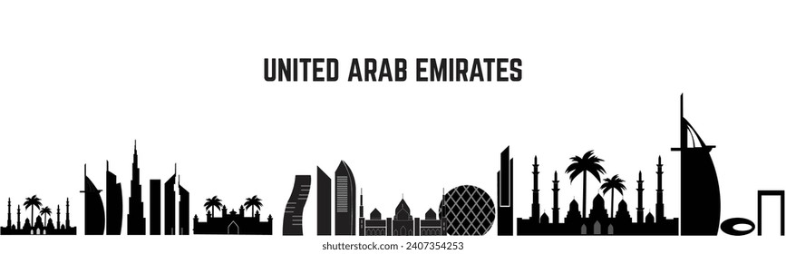 Dubai, VAE - 30. Dezember 2023. Dubai Silhouette Vereinigte Arabische Emirate Skyline, Vektorgrafik der berühmten Türme und Wolkenkratzer Gebäude Silhouette.