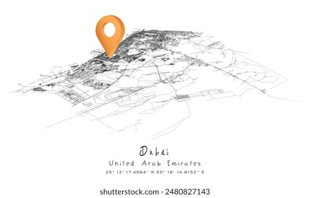 Dubai,United Arab Emirates,detailed urban street plan city map with location pin,vector image