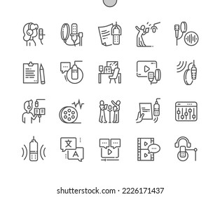 Dubbing. Sound production. Dubbing studio Microphone. Movie translation. Pixel Perfect Vector Thin Line Icons. Simple Minimal Pictogram