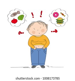 Dubious fat boy thinking of food, trying to decide what to eat - whether healthy or unhealthy food - original hand drawn illustration