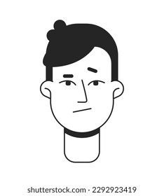 Dubious young man front flat line monochromatic vector character head. Simple outline avatar icon. Editable cartoon user portrait. Lineart spot illustration for web graphic design and animation