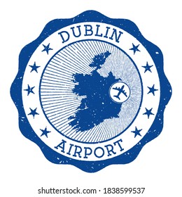 Dublin Airport stamp. Airport of Dublin round logo with location on Ireland map marked by airplane. Vector illustration.