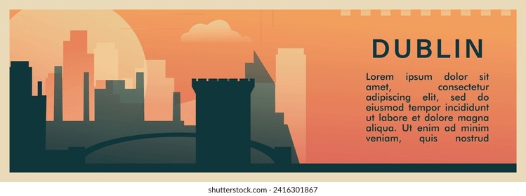 Dublin city brutalism vector banner with skyline, cityscape. Ireland capital retro horizontal illustration, old style travel layout for web presentation, header, footer