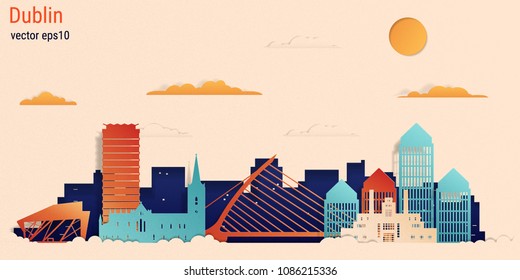 Dublin city colorful paper cut style, vector stock illustration. Cityscape with all famous buildings. Skyline Dublin city composition for design 