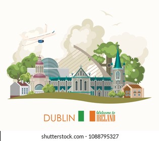 Dublin city. Ireland vector illustration with landmarks and irish castle. Colorful travel template.