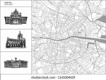 Dublin city map with hand-drawn architecture icons. All drawigns, map and background separated for easy color change. Easy repositioning in vector version.