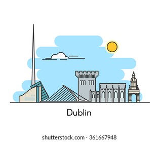 Dublin city skyline background. Capital of Ireland. Line flat trendy illustration.