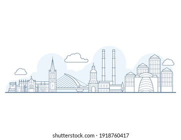 Dublin city skyline - cityscape with landmarks in liner style