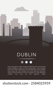 Dublin city template for website, presentation, front page, invitation, publication sheet with skyline, landmarks. Vector Ireland image layout, simple and grayscale