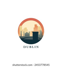 Paisaje urbano de Dublín, insignia de Vector degradado, logotipo plano del horizonte, ícono. Idea redonda del emblema de la ciudad capital de Irlanda con Lugares famosos y siluetas de construcción. Gráfico aislado