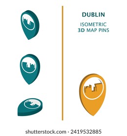 Dublin Ireland city 3D vector logo set. Isometric map pin, geolocation pointer, modern skyline icon, concept, isolated graphic