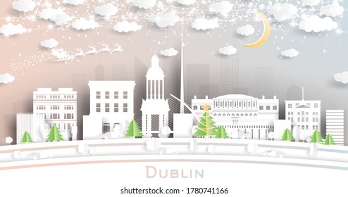 Dublin Ireland City Skyline in Paper Cut Style with Snowflakes, Moon and Neon Garland. Vector Illustration. Christmas and New Year Concept. Santa Claus on Sleigh.