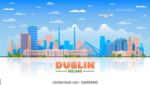 Dublin, ( Ireland ) city skyline vector illustration on sky background. Business travel and tourism concept with modern buildings. Image for presentation, banner, web site.