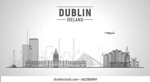 Dublin, ( Ireland ) city skyline vector illustration on sky background. Business travel and tourism concept with modern buildings. Image for presentation, banner, web site.