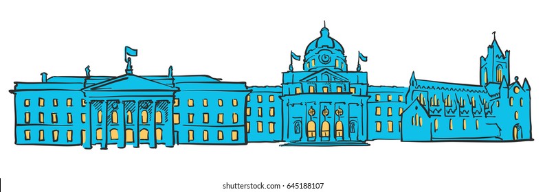 Dublin Ireland Colored Panorama, Filled with Blue Shape and Yellow Highlights. Scalable Urban Cityscape Vector Illustration 