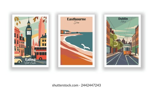 Dublin, Irland. In: Ealing, West London. Eastbourne, Sussex - Set mit 3 Vintage-Reiseplakaten. Vektorgrafik. Qualitativ hochwertige Ausdrucke