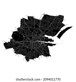 Dublin, Ireland, high resolution vector map with city boundaries, and editable paths. The city map was drawn with white areas and lines for main roads, side roads and watercourses on black