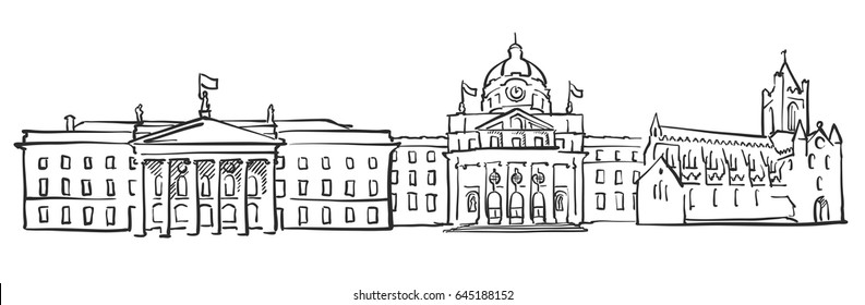 Dublin Ireland Panorama Sketch, Monochrome Urban Cityscape Vector Artprint