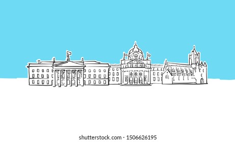 Dublin Ireland Skyline Panorama Vector Sketch. Hand-drawn Illustration on blue background.