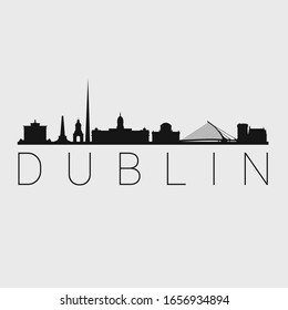 Dublin, Ireland. The Skyline in Silhouette of City. Black Design Vector. The Famous and Tourist Monuments. The Buildings Tour in Landmark.