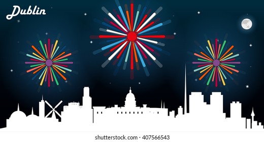 Dublin Ireland skyline silhouette, dark night sky with fireworks vector design