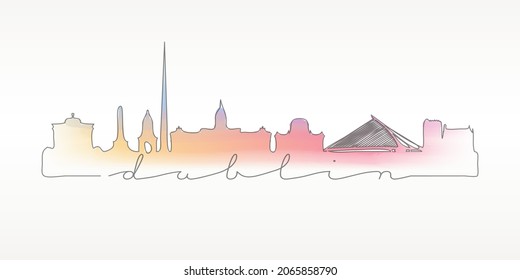 Dublin, Ireland Skyline Watercolor City Illustration. Famous Buildings Silhouette Hand Drawn Doodle Art. Vector Landmark Sketch Drawing.