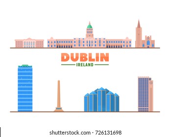 Dublin landmarks on a white background. Isolated objects. Flat vector illustration. Business travel and tourism concept with modern buildings. Image for banner or web site.