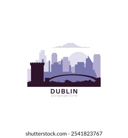 Dublin logo with skyline, cityscape retro vector icon. Ireland city horizon, facade, travel logotype